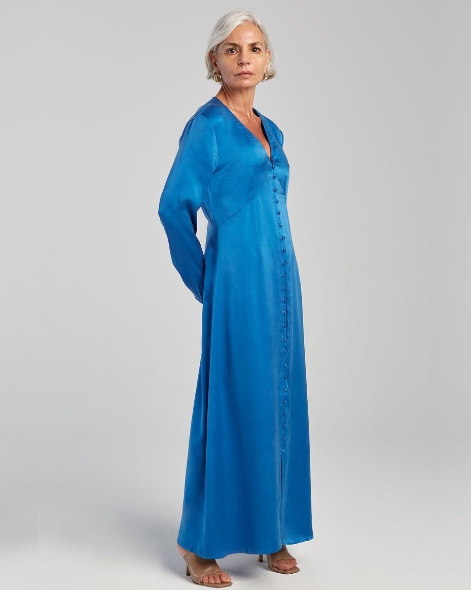 LONG SLEEVED V NECK DRESS COBALT BLUE SILK LAUNDRY SPRING 21