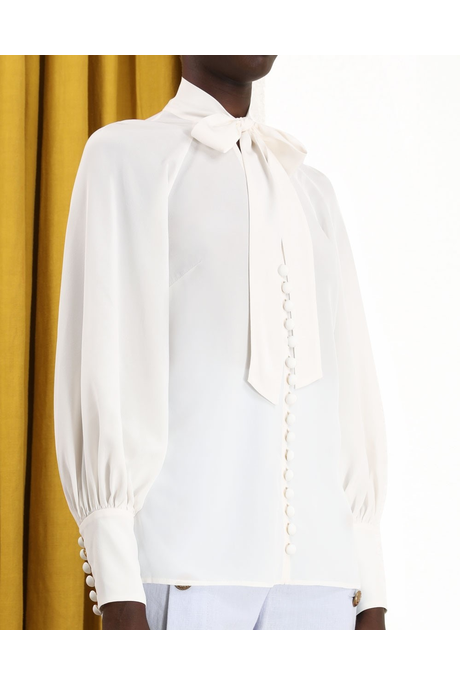 SILK TIE NECK BLOUSE (PEARL)