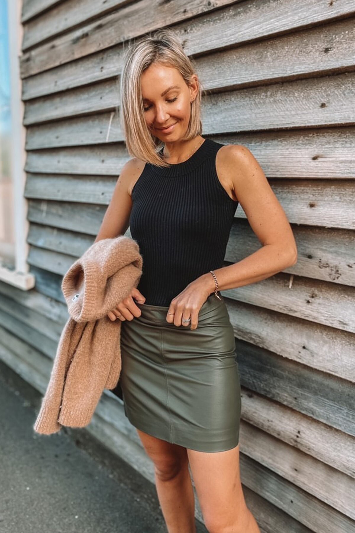 Olive mini skirt outlet outfit