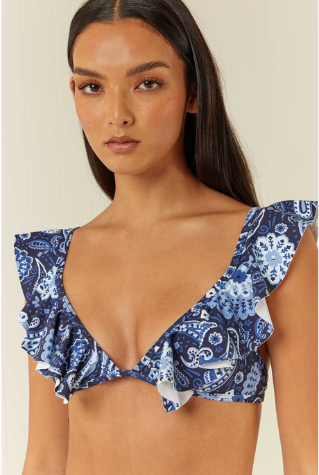 V NECK FRILL BIKINI TOP (BLUE PAISLEY)