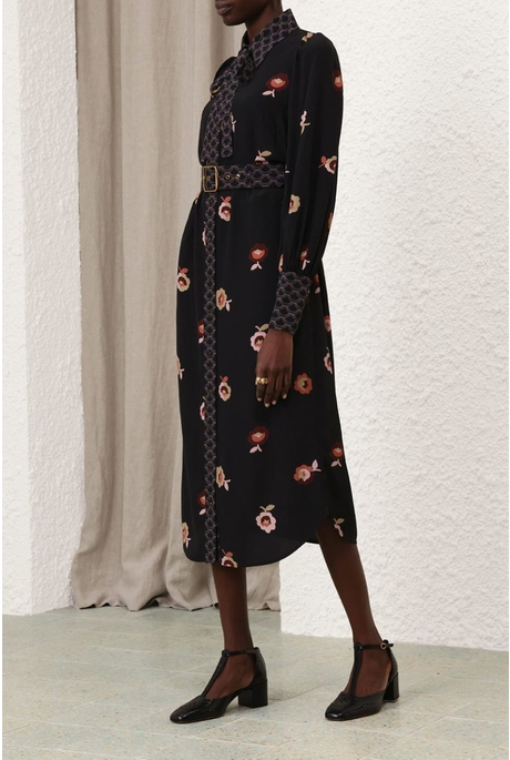 PUSSYBOW MIDI DRESS (BLACK FLORAL)