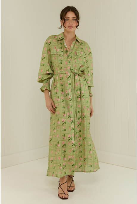 MARIGOLD DRESS (GREEN FLORAL TILES)