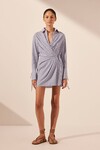 YASMINE DRAPED SHIRT MINI DRESS (CHAMBRAY)