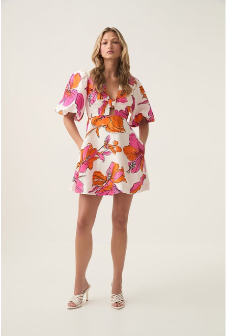 OVERFLOW KNOTTED MINI DRESS (VIVID HIBISCUS) | PRE ORDER