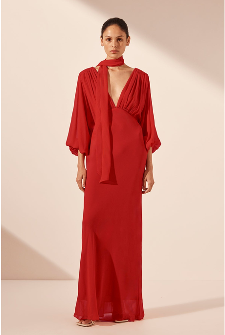 AMINA PLUNGE BALLOON SLEEVE MAXI DRESS (CHILLI)