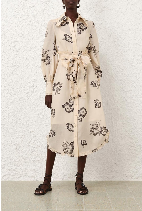 PRINTED RUFFLE MIDI DRESS (CREAM POPPY)