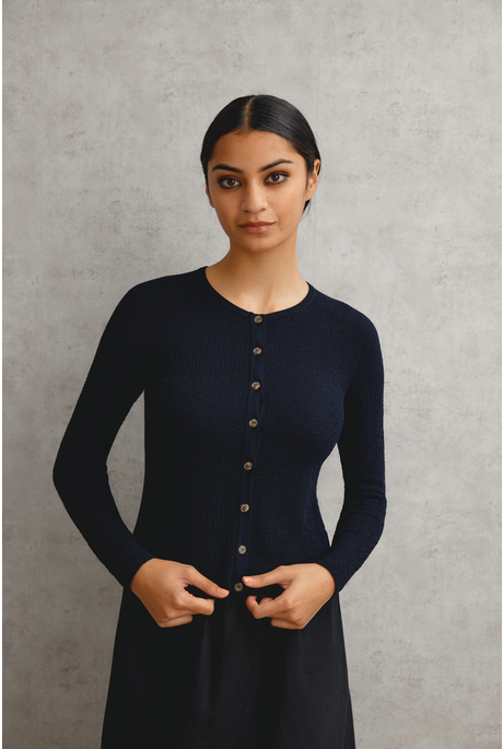 MERINO TWEEDY CROP CARDIGAN (NAVY)